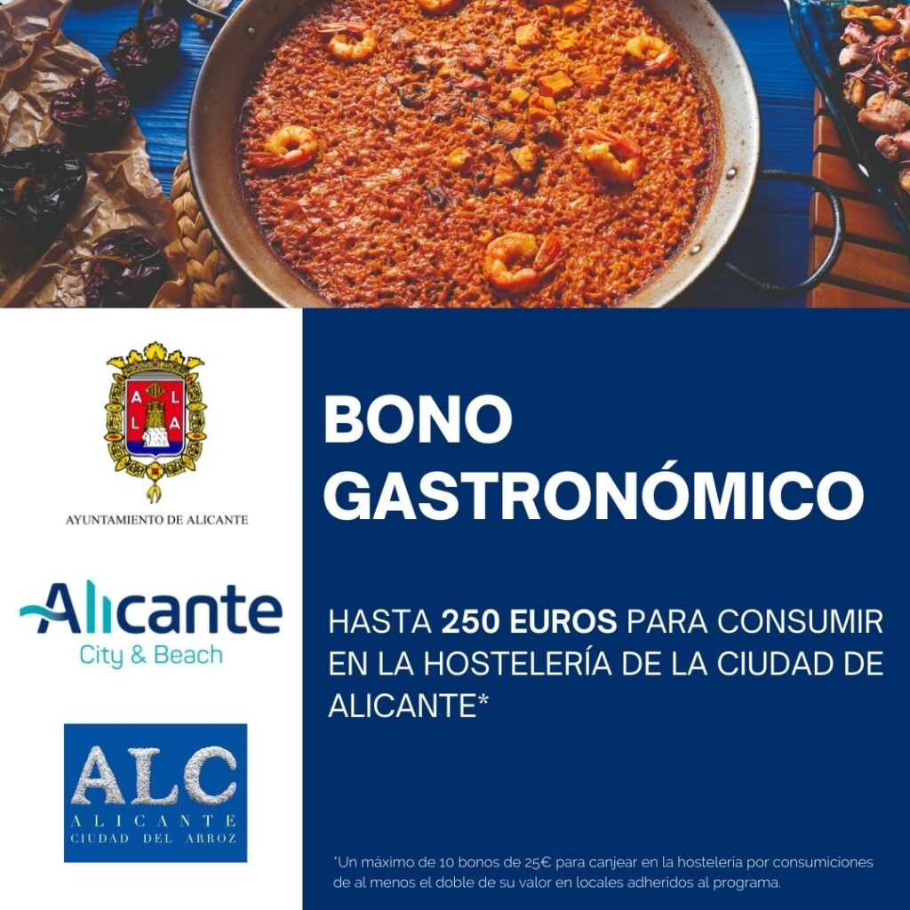 Imagen del cartel anunciador del bono de gastronomía. Puedes conseguir hasta 10 bonos de un valor de 25 euros cada uno, para consumir en restaurantes de la ciudad de Alicante.