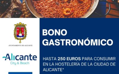 Imagen del cartel anunciador del bono de gastronomía. Puedes conseguir hasta 10 bonos de un valor de 25 euros cada uno, para consumir en restaurantes de la ciudad de Alicante.